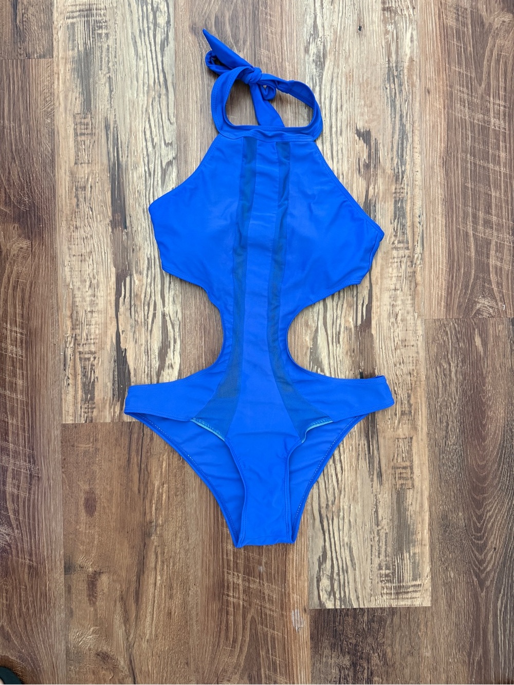 Women’s Blue One-Piece Swimsuit - Halter Cutout Style with Sheer Panels